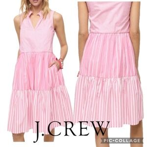 J.Crew Sleeveless Seersucker Tiered Popover Mixed Stripe Pink Poplin Dress Siz S